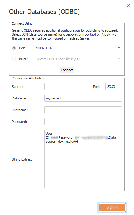 The Other Databases (ODBC) dialog with the active Sign In button