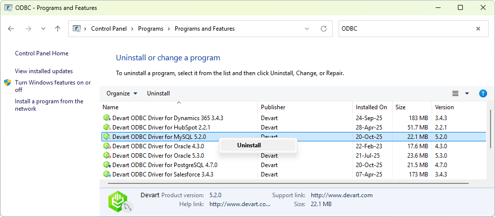 Programs and Features window, with the ODBC driver selected and the Uninstall option highlighted.