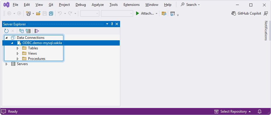Connect Visual Studio to the data source - Connection created
