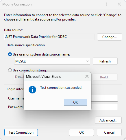 Connect Visual Studio to the data source - Test Connection