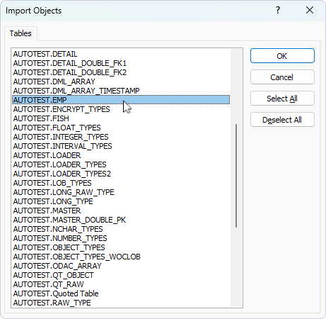 Select the tables for import