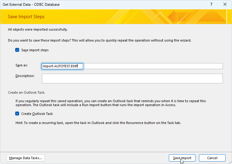 Select the Save import steps checkbox in the Save Import Steps dialog