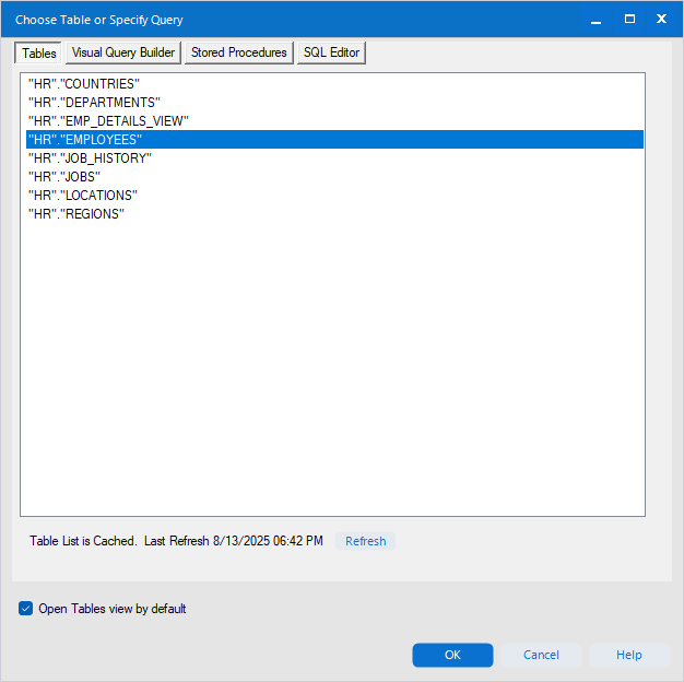 Select a table in the Choose Table or Specify Query dialog