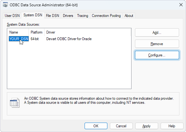 A selected DSN in ODBC Data Source Administrator