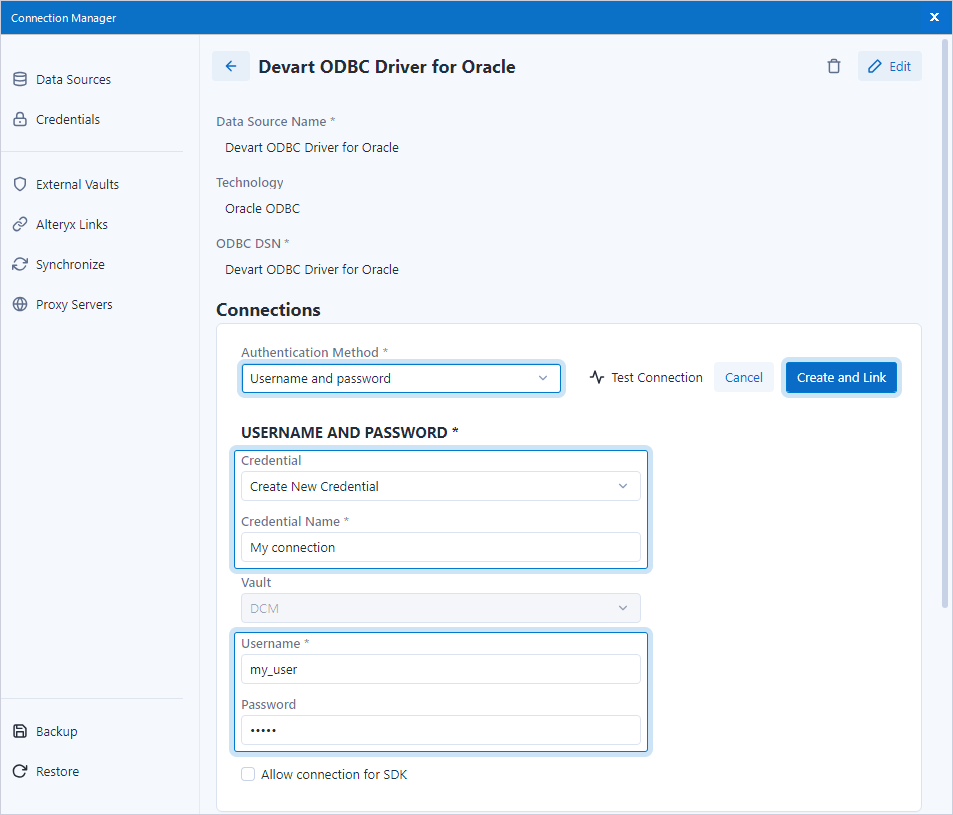 Click Create and Link button on the Connection Manager page