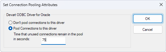 The Set Connection Pooling Attributes dialog in ODBC Data Source Administrator