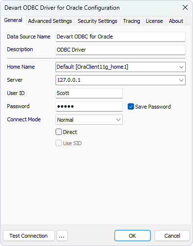 The Devart ODBC Driver for Oracle Configuration window with completed fields