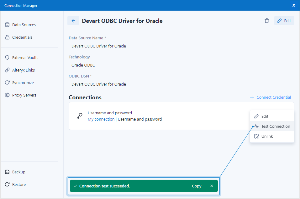 My connection test succeeded
