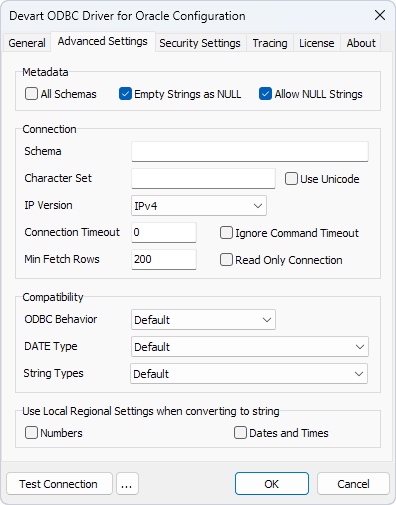 The Advanced Settings tab of the Devart ODBC Driver for Oracle Configuration window