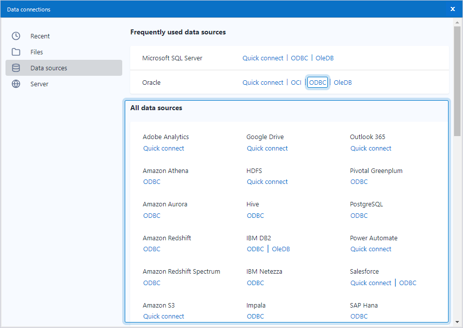 Select the Data sources tab on Data connections page