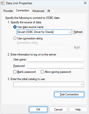 The Data Link Properties dialog with the opened Connection tab