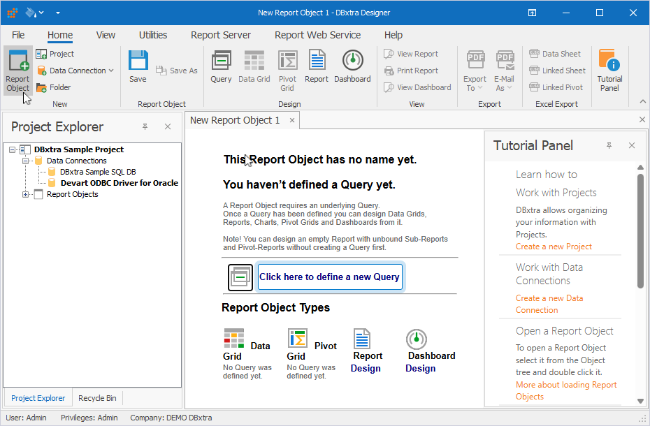 The New Report Object tab in DBxtra Designer