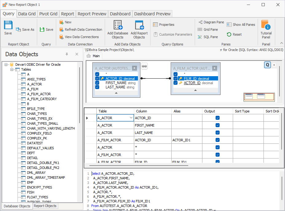The Query tab of the New Report Object with selected tables and fields