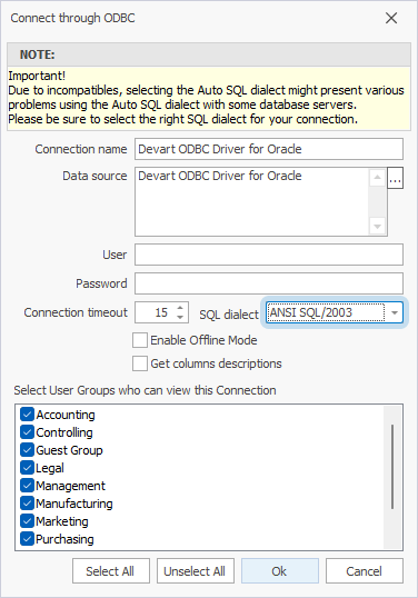 The Connect through ODBC dialog with filled out fields