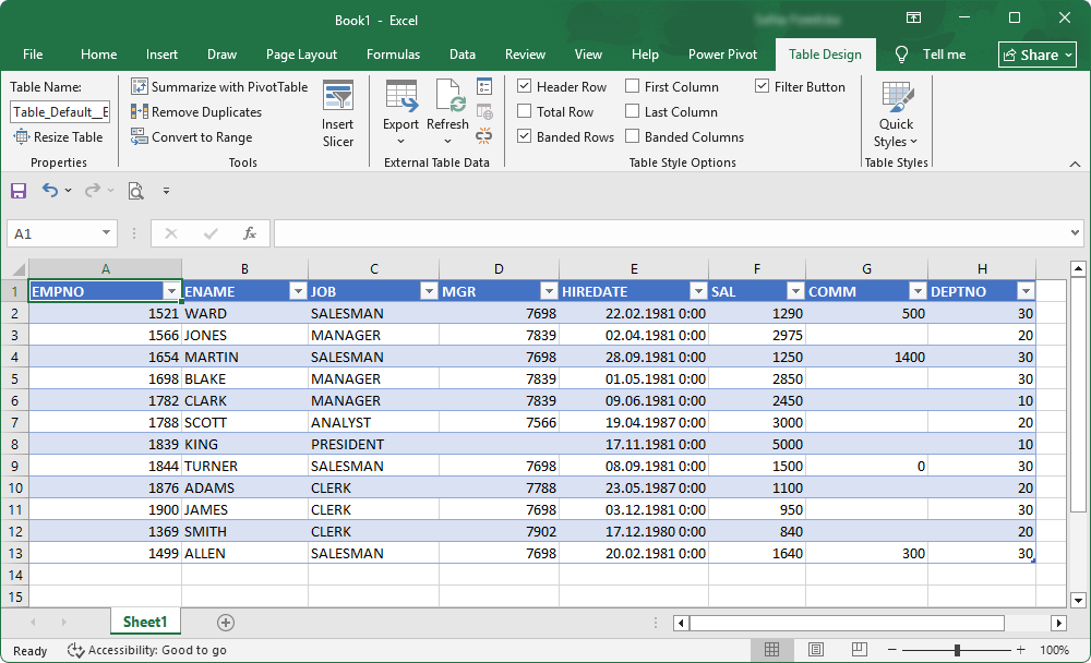 Retrieved table data in Excel