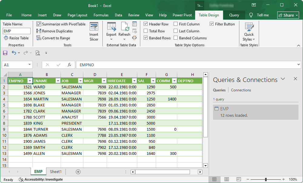 Retrieved table data in Excel