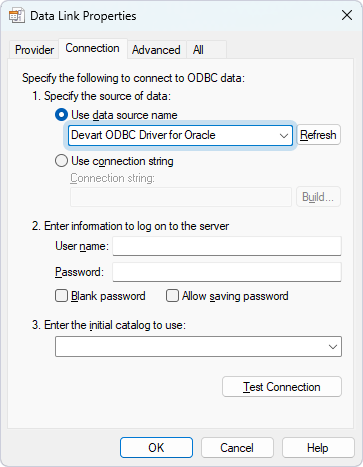 Specify the data source name in Data link Properties