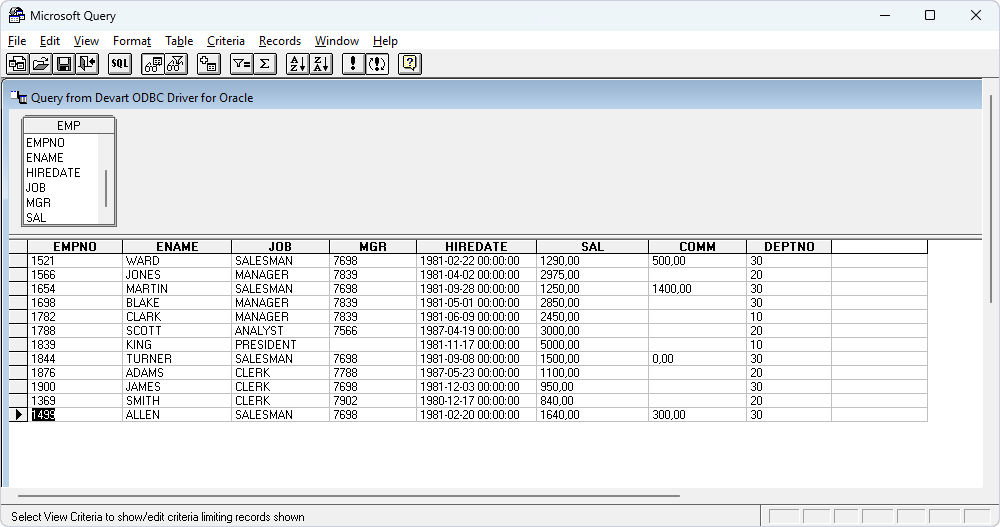 Query from Devart ODBC Driver in Microsoft Query