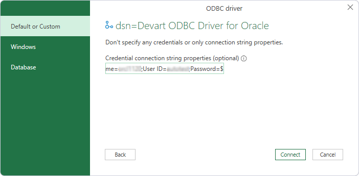 Enter connection string parameters in the ODBC driver dialog
