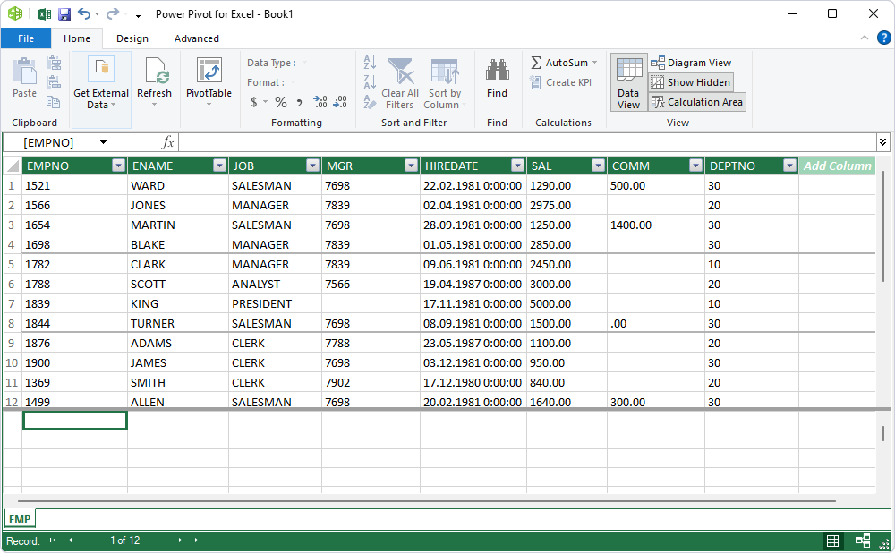 Power Pivot for Excel table data