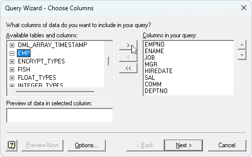 Select tables and/or columns for import