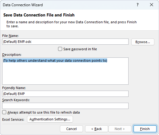 Save Data Connection File and Finish