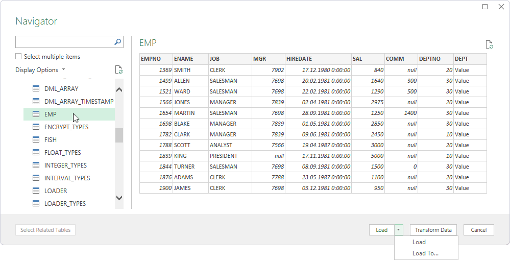Select tables for import in Navigator