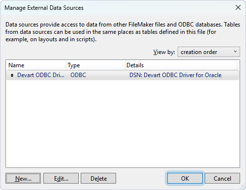 The Manage External Data Sources dialog with an added data source
