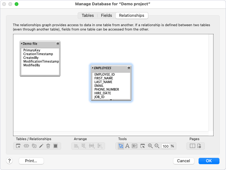 The Manage Database dialog with an added table