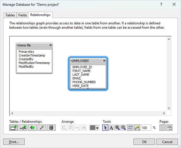 The Manage Database dialog with an added table