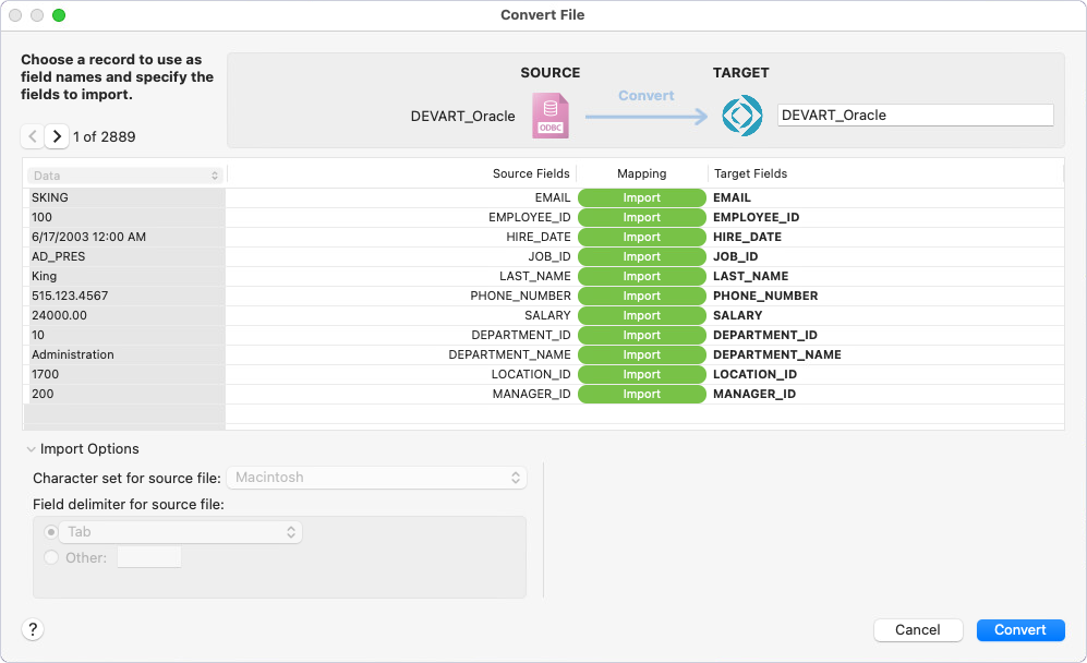 The Convert File dialog with mapped fields and the Import Summary