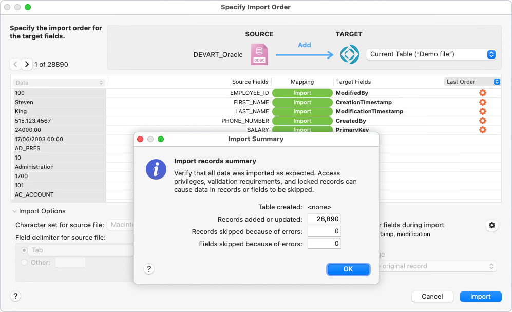 The Specify Import Order dialog with mapped fields and the Import Summary