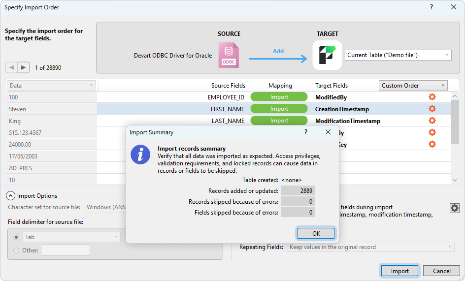 The Specify Import Order dialog with mapped fields and the Import Summary