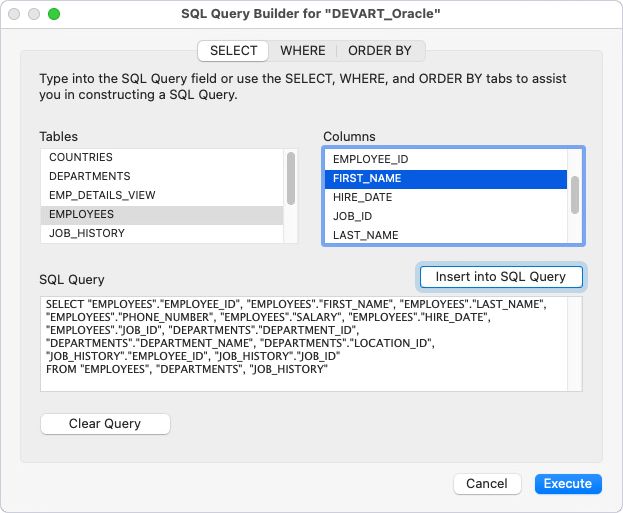 The SQL Query Builder dialog with selected columns and generated SQL query