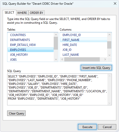 The SQL Query Builder dialog with selected columns and generated SQL query