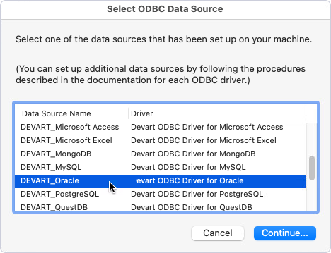The Select ODBC Data Source dialog