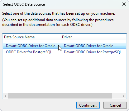 The Select ODBC Data Source dialog