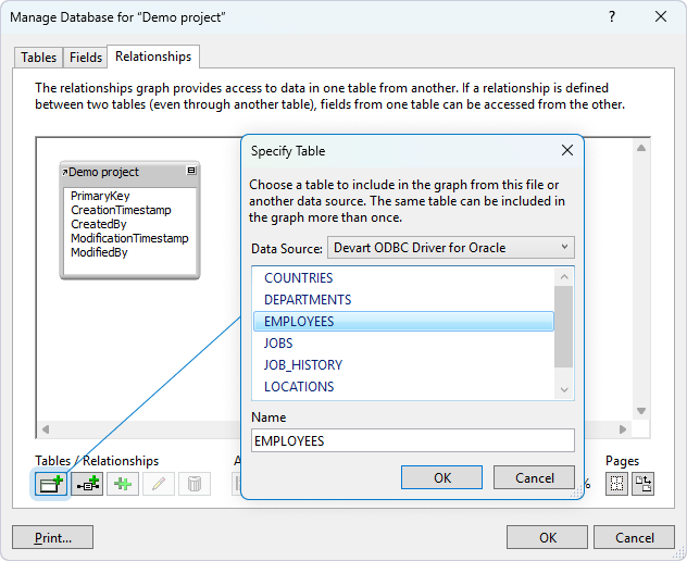 The Manage Database and Specify Table dialogs