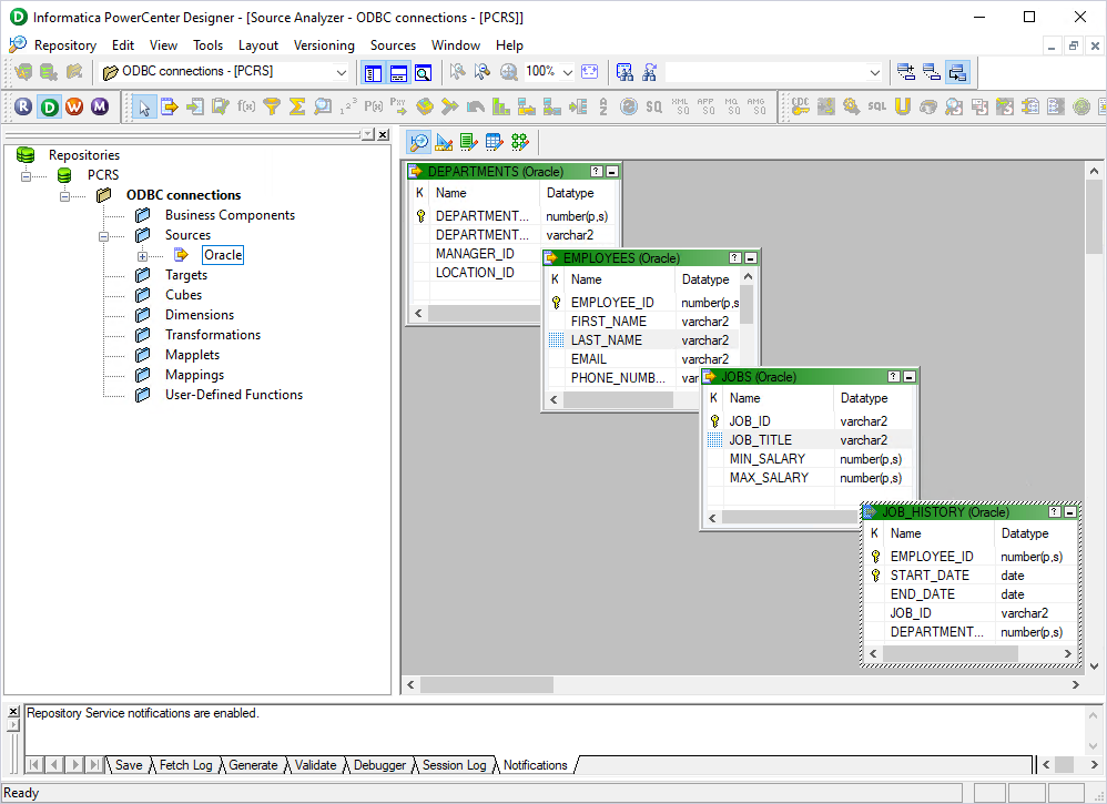The new source and imported tables in PowerCenter Designer