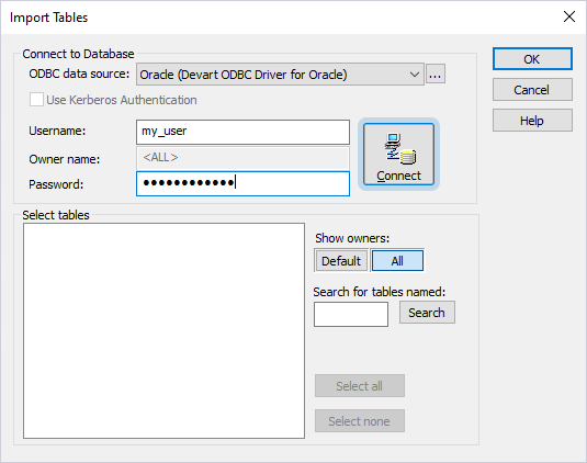 The Import Tables dialog with a selected data source and entered credentials