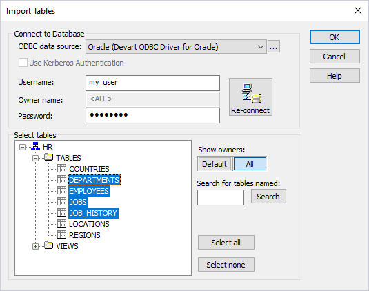 The Import Tables dialog with selected tables