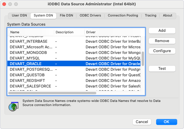 Create a DSN using iODBC Administrator