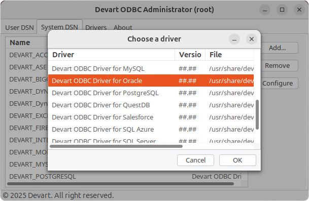 Create a DSN on Linux: choose a driver