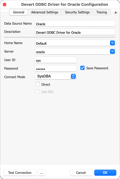 Create a DSN on macOS: connection parameters