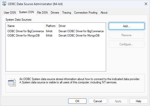 Open the ODBC Data Source Administrator