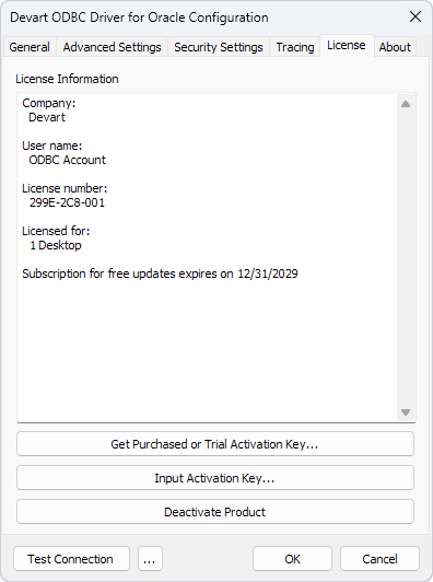 Installed ODBC license information