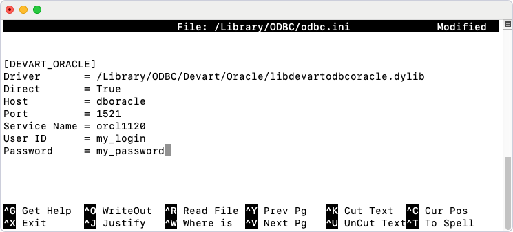 The odbc.ini file opened in a text editor with entered DSN configuration details.