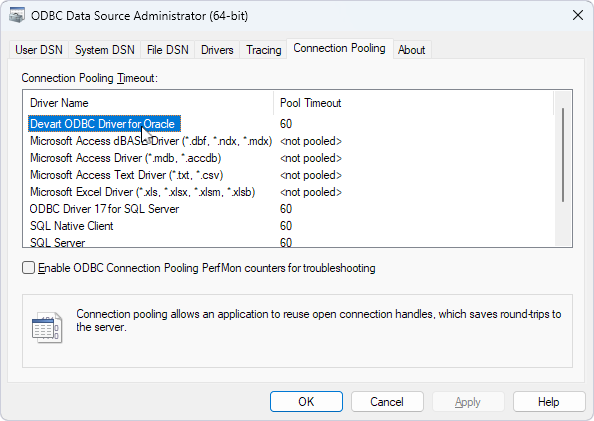 The Connection Pooling tab in ODBC Data Source Administrator