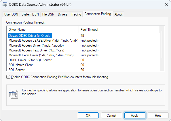 ODBC Data Source Administrator showing the changed Pool Timeout value