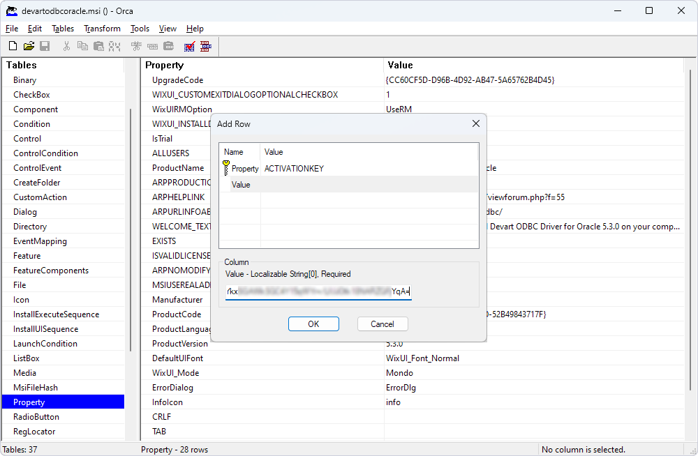 Add property to an MST file using Orca